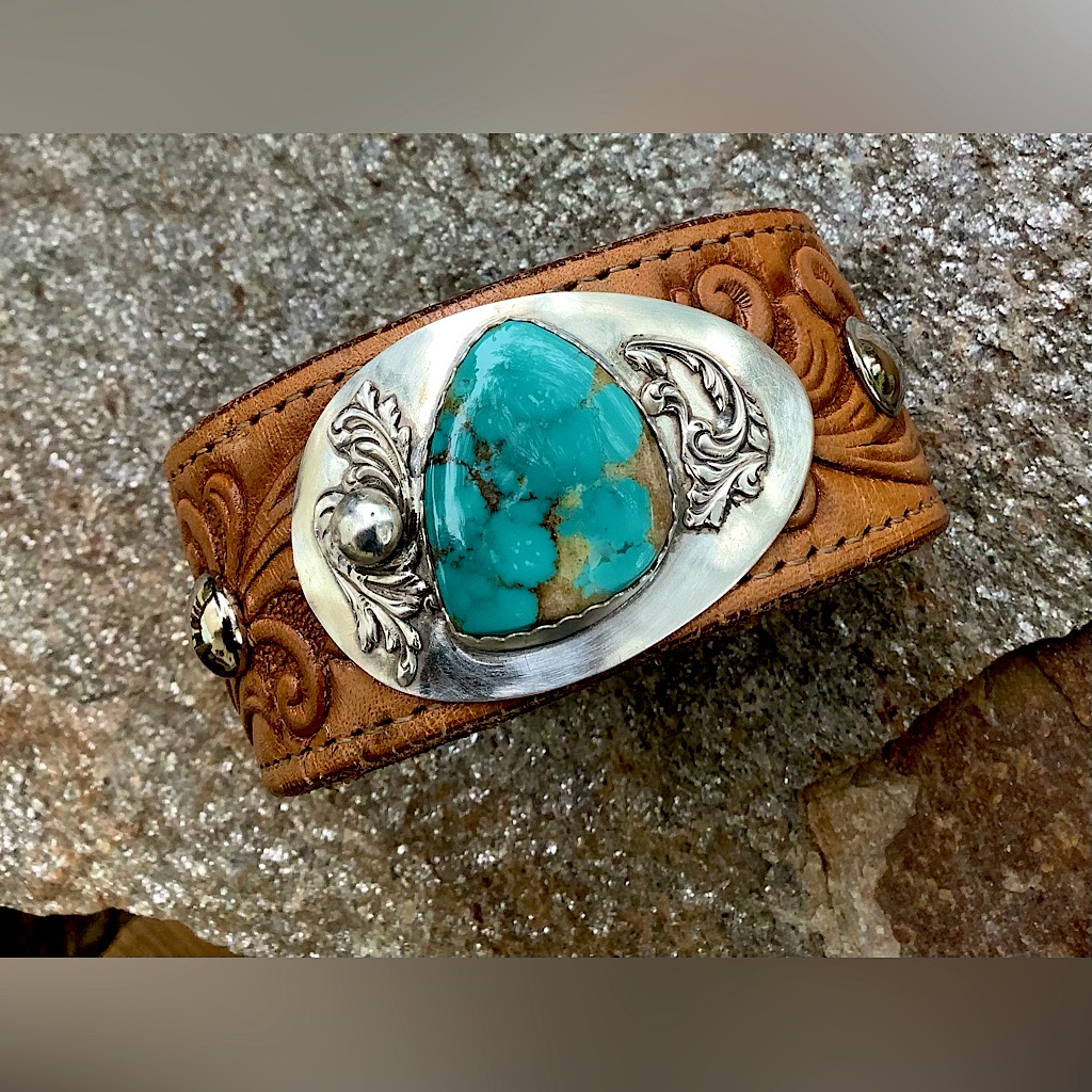 Turquoise And Sterling Leather Cuff, Up To 7 1/4” Wrist